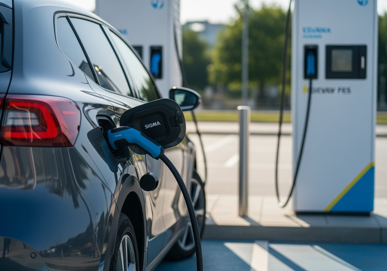 Elektrické auto na nabíjacej stanici ako symbol oslobodených vozidiel