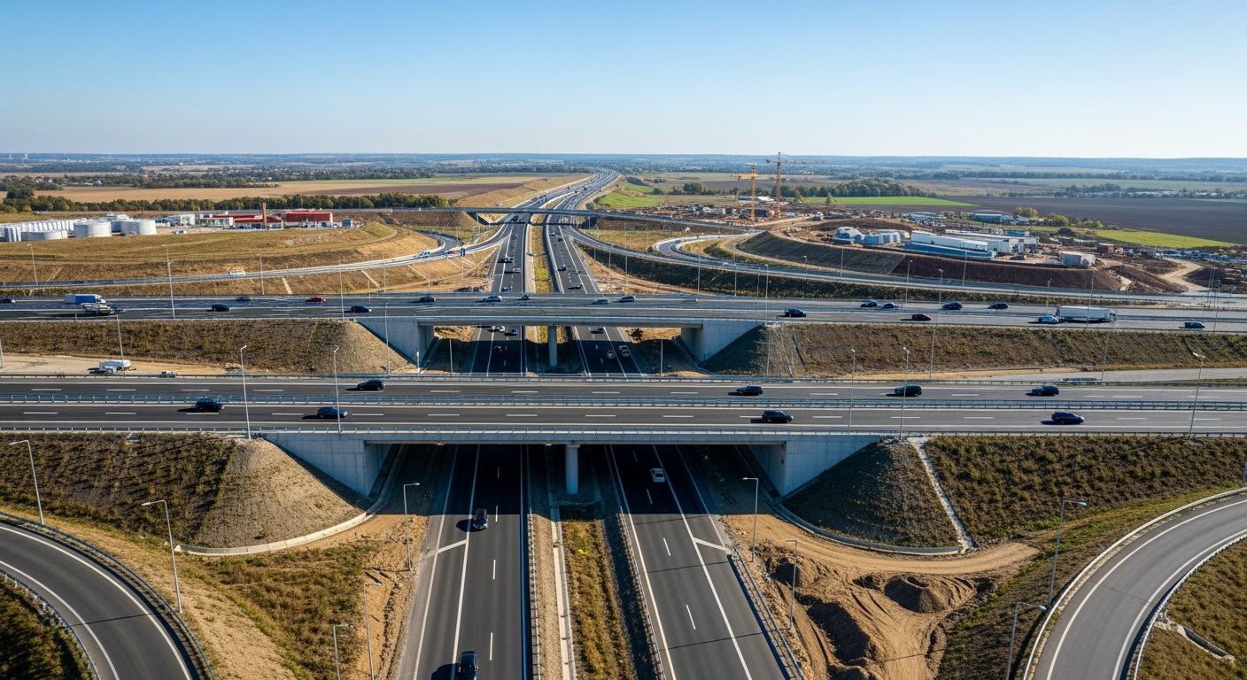 Letecký pohľad na diaľničnú križovatku v Česku