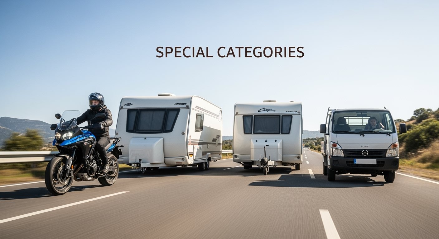 Motocykel, karavan a nákladné auto ako symboly špeciálnych kategórií vozidiel