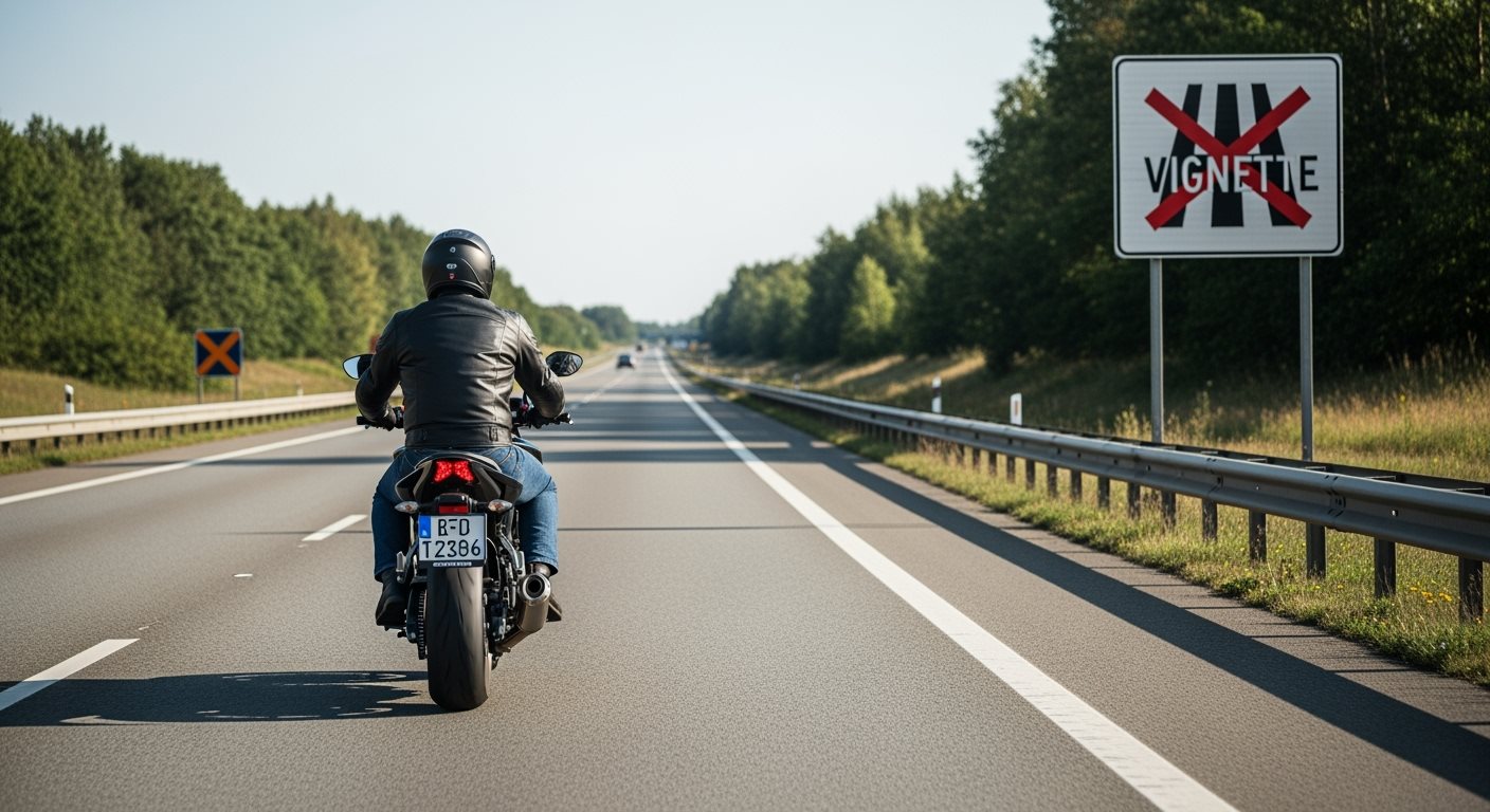Motocyklista na diaľnici s preškrtnutým symbolom diaľničnej známky