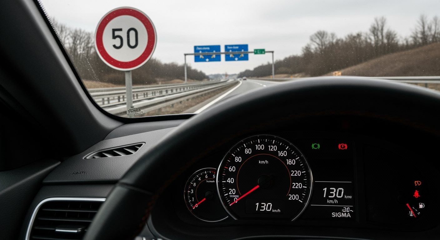 Tachometer a dopravná značka na diaľnici