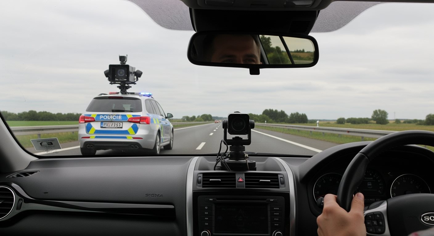 Pohľad z auta na policajnú kontrolu na diaľnici