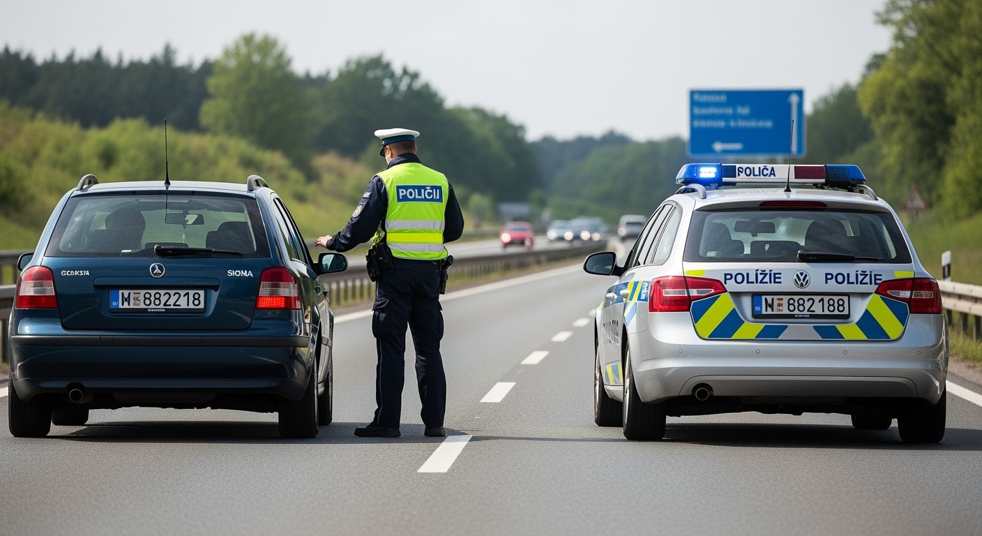 Policajná kontrola na diaľnici ako symbol sankcií za chýbajúcu známku