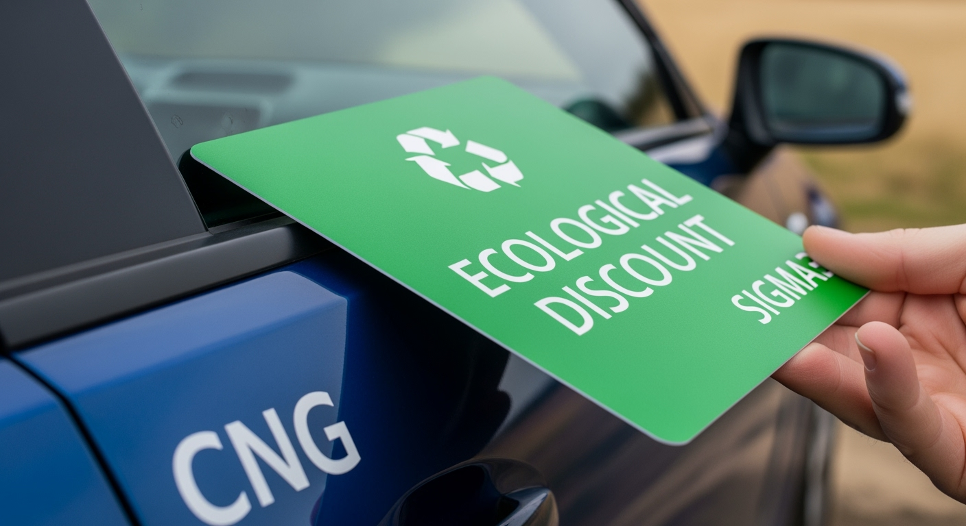 Zelený list na aute ako symbol ekologickej zľavy