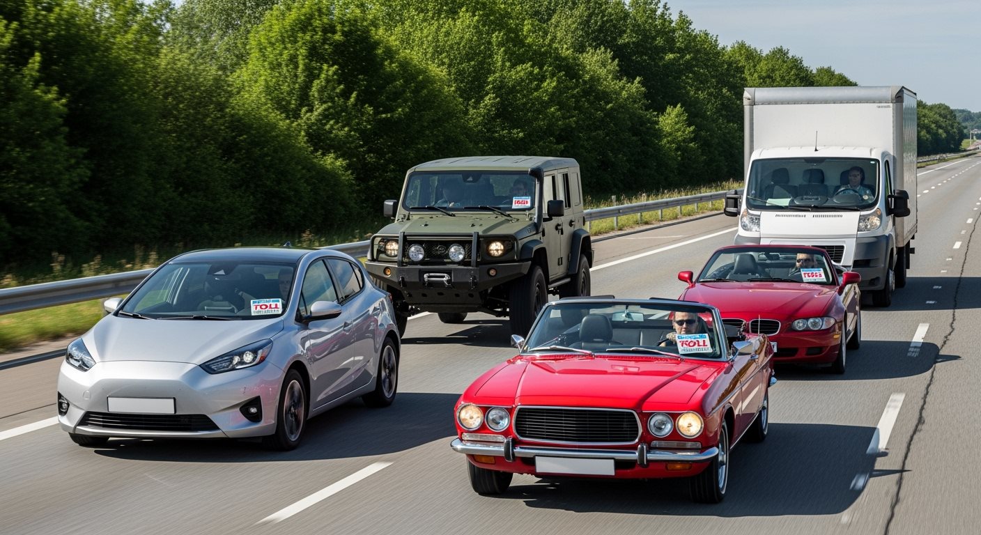 Štyri rôzne autá symbolizujúce rôzne typy ciest a dĺžky platnosti diaľničnej známky